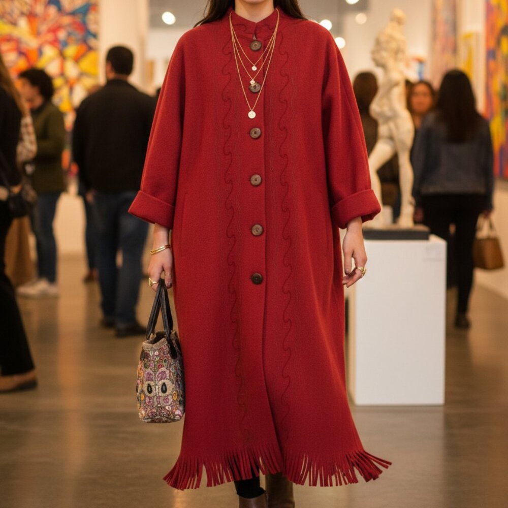 J.Jill Peruvian Alpaca‎ Wool Blend Embroidery Red Long Coat Jacket Size Medium
